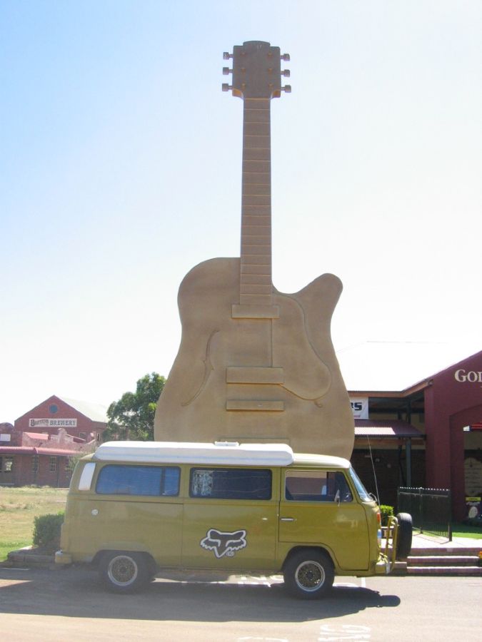 Ethel in front of the The Big Golden Guitar, Tamworth, New South Wales