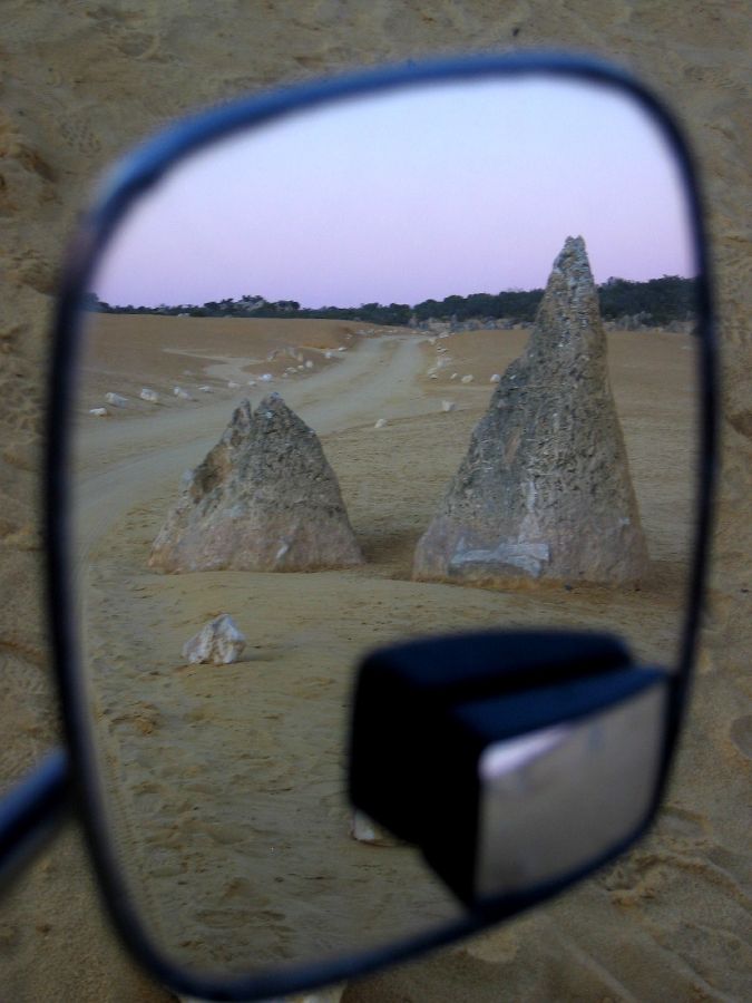 The Pinnacles seen through Ethel's side mirror