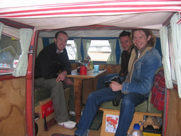 Paul, Joe and George, sitting inside Paul's splittie